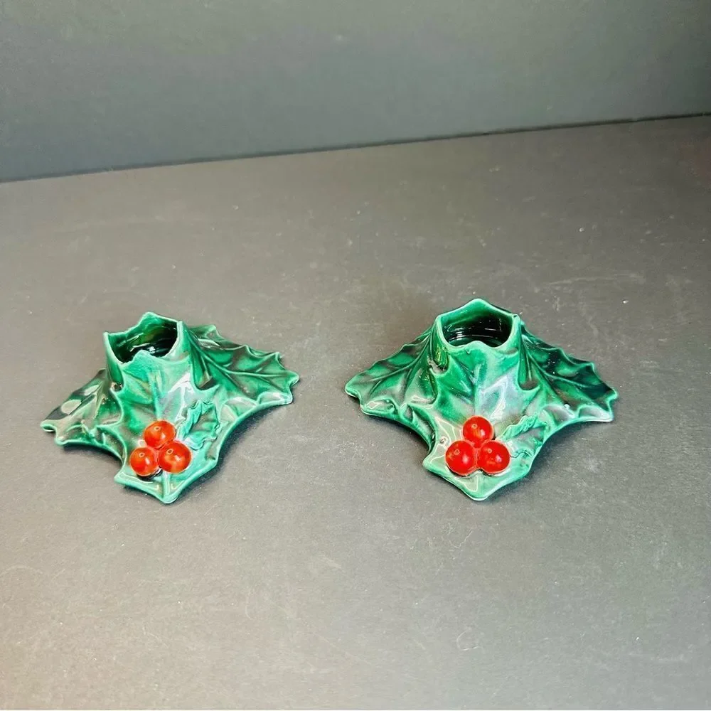 Lefton Pair Of VTG Green Holly‎ Berry Square Candle Holders